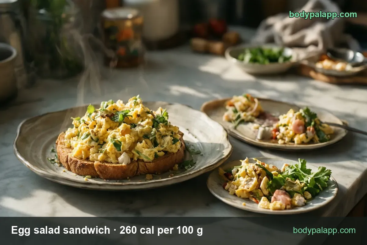 Open egg salad sandwich on a plate with two small dishes of egg salad; chips: slider 90 g 234 cal and 1 regular 180 g 468 cal.