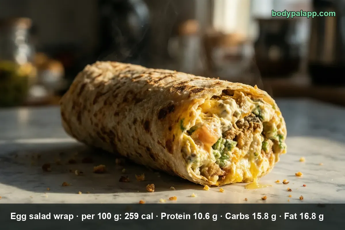 Whole grilled egg salad wrap cut crosswise, showing the egg salad filling inside