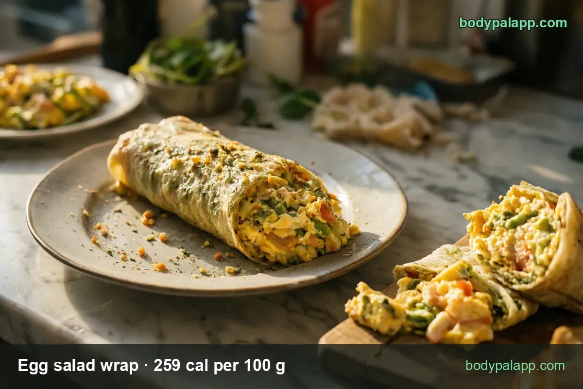 Whole egg salad wrap with vegetables on a plate and two cut halves on a board: 1 wrap 198 g 513 cal, half wrap 99 g 256 cal