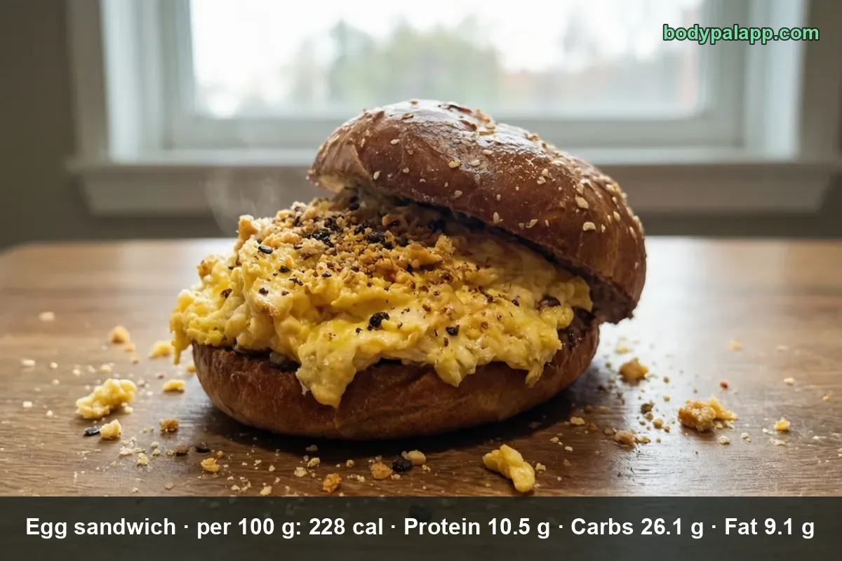 Egg sandwich with scrambled egg on a sesame seed bun.