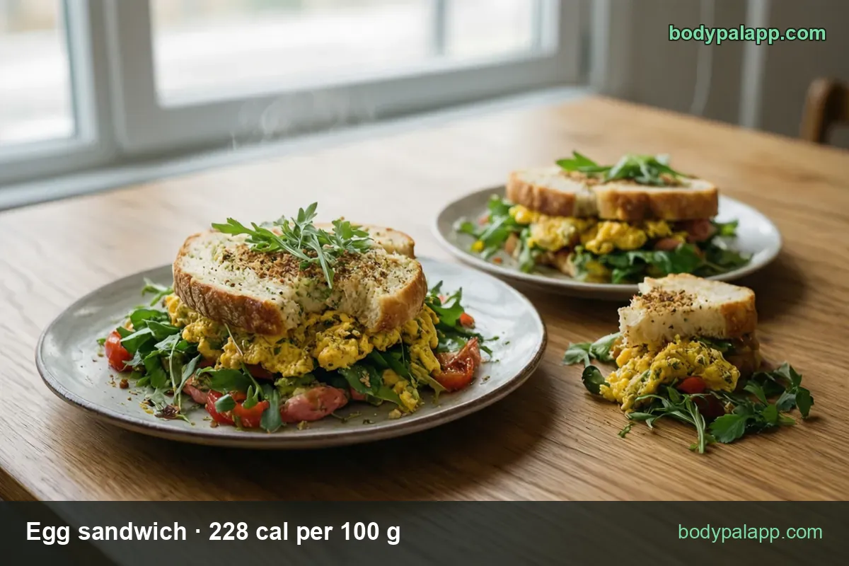 Two scrambled egg sandwiches with arugula and tomato on plates, half a sandwich beside them; 1 sandwich 115 g 262 cal, large 175 g 399 cal.