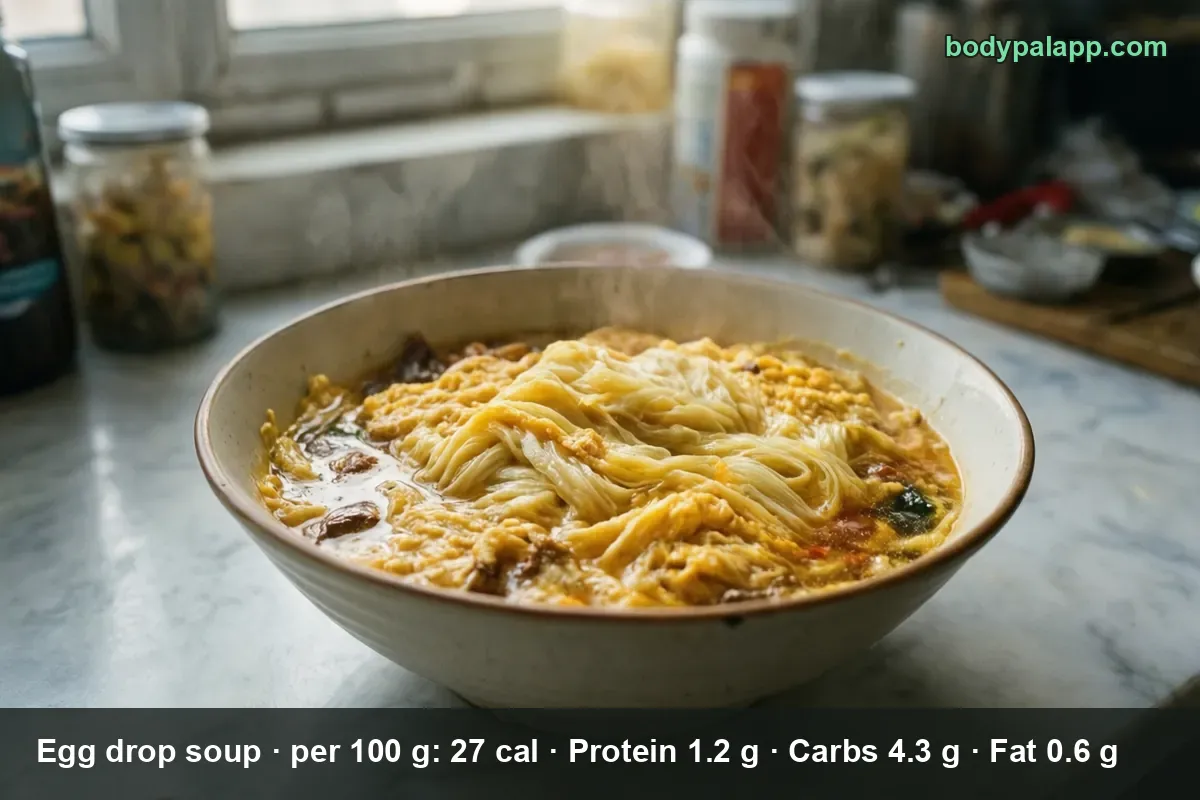 Bowl of egg soup with silky egg ribbons and thin strands in golden broth