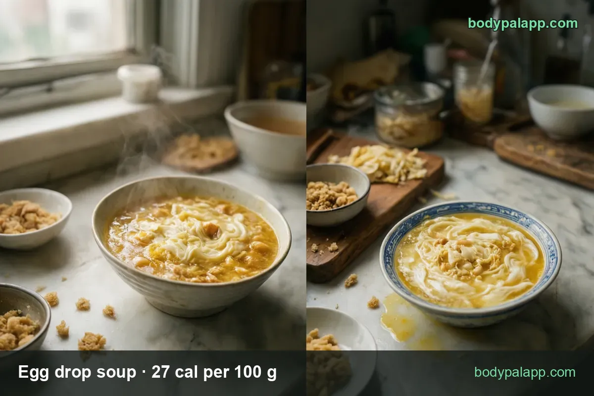 Egg soup in a blue and white ceramic bowl with small side bowls of crumbs, 1 cup (245 g) 66 cal and 1/2 cup (123 g) 33 cal