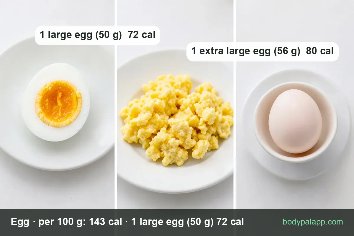 Brown eggs in two bowls and a plate, several cracked open with visible yolk, labeled 1 large egg 50 g 72 cal and 1 extra large egg 56 g 80 cal.