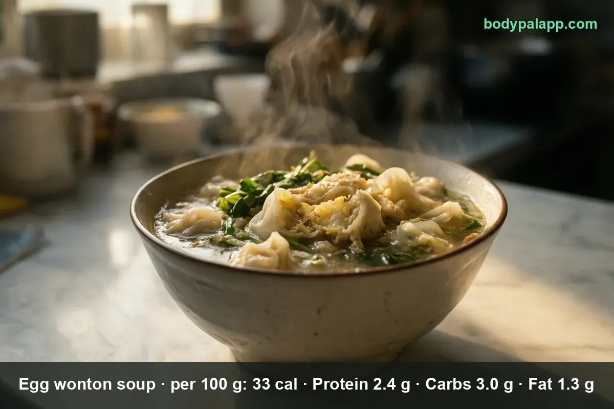 Bowl of egg wonton soup with wontons, egg pieces and green bok choy in hot broth, steam rising.