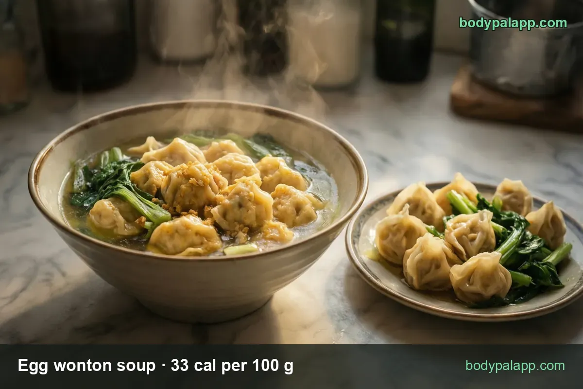 Egg wonton soup bowl with wontons, egg and bok choy plus a plate of 8 wontons; chips 1 cup (245 g) 81 cal and 2 cups (490 g) 162 cal.