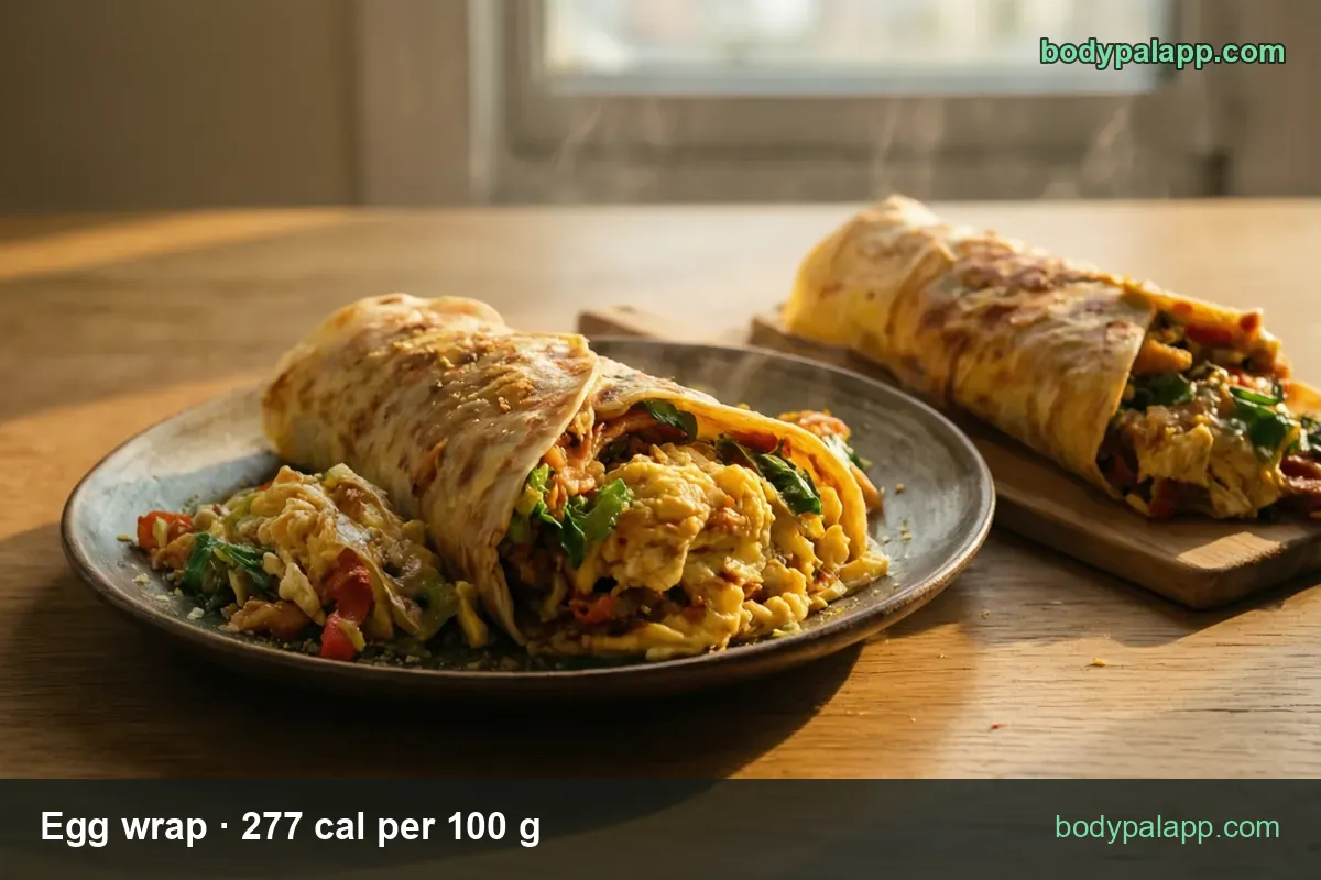 Cut egg wrap with spilled scrambled egg, vegetable and meat filling and a second whole wrap behind; 1 wrap 302 cal, 2 wraps 604 cal