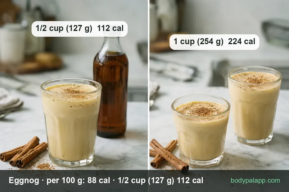 Eggnog glasses with nutmeg, cinnamon sticks and an unlabeled liquor bottle; 1/2 cup 112 cal and 1 cup 224 cal