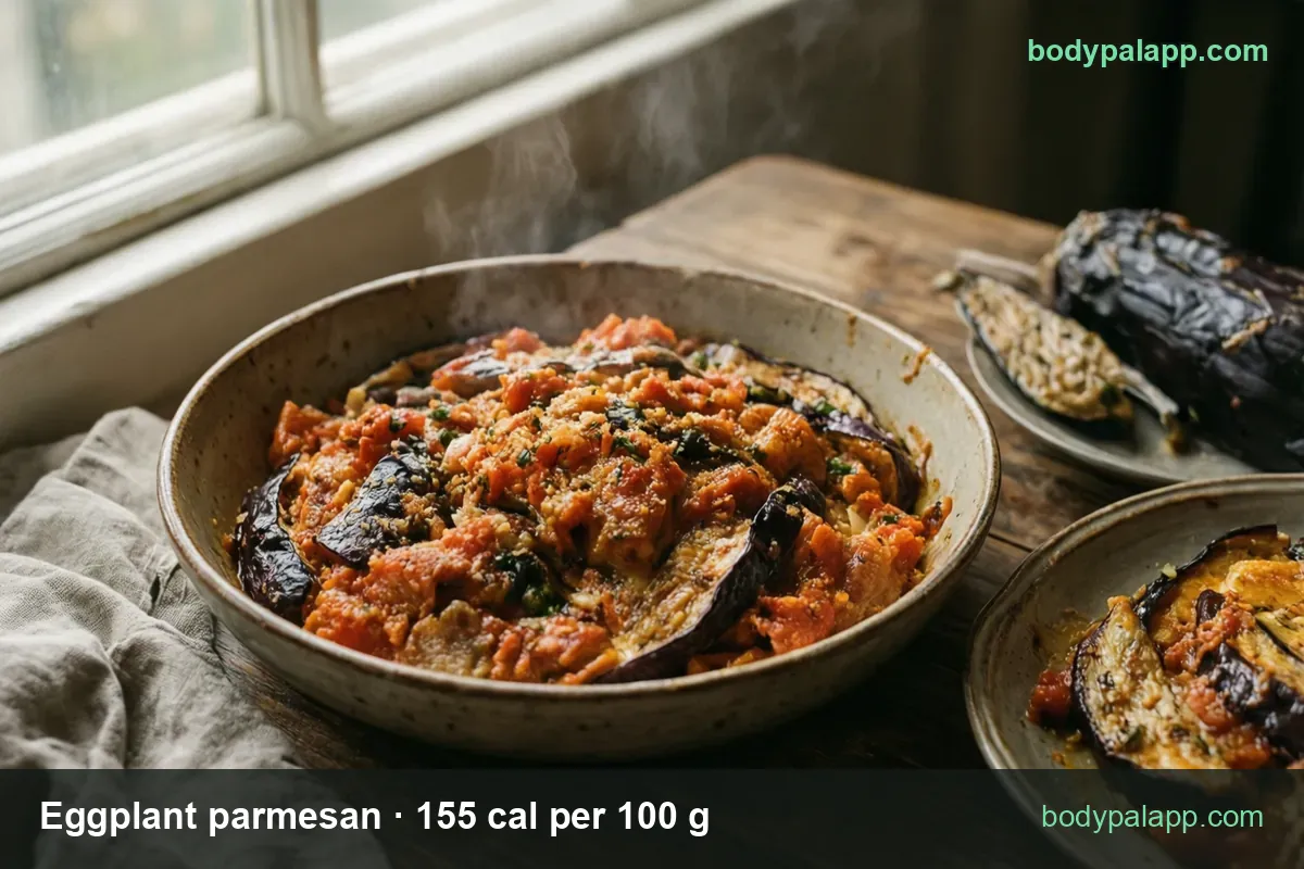 Bowl of eggplant parmesan with cheese and parsley, small plate with one baked slice: 1 cup 307 cal, 1 slice 68 cal.