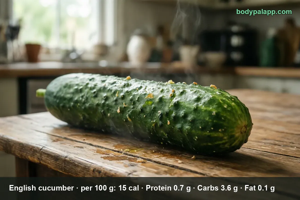 Whole cucumber with rough skin and crumbs on it, on a wooden table