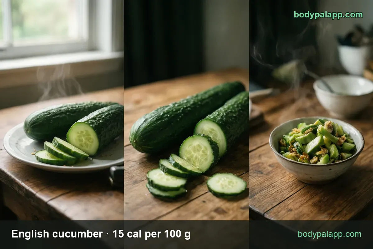 Whole cucumber with slices and a bowl of chopped cucumber, with 1 whole cucumber 45 cal and 1 cup slices 16 cal
