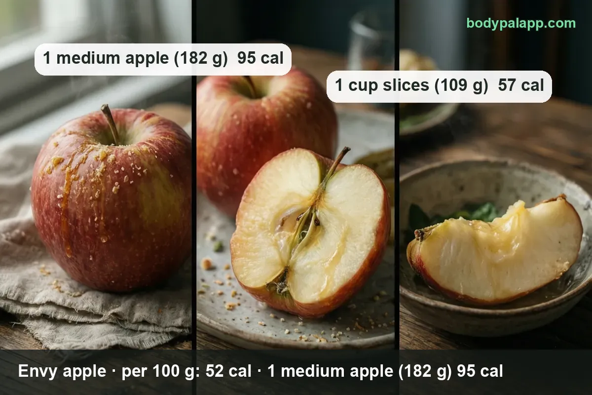 Whole apple on linen, a halved apple with visible core, and one slice in a bowl; 1 medium apple 95 cal, 1 cup slices 57 cal.