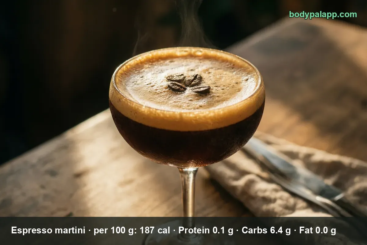 Close-up of an espresso martini with foam and three coffee beans on top.