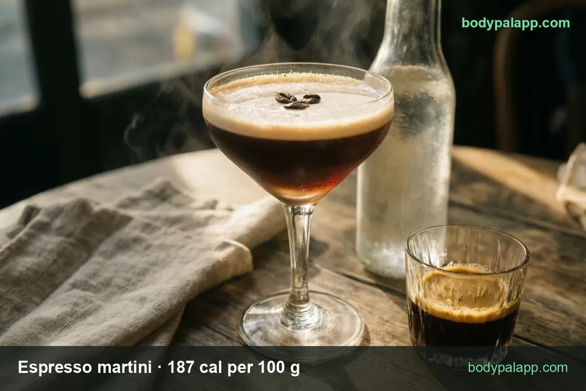Espresso martini coupe with foam and three coffee beans, bottle and espresso glass behind; 1 drink (120 g) 224 cal, 1 fl oz 56 cal.