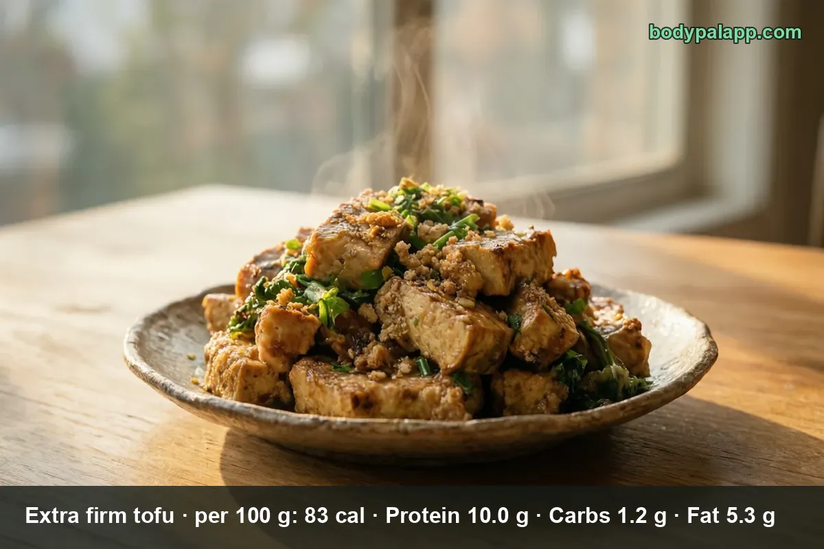 Pile of pan-seared extra firm tofu cubes topped with sliced green onion on a plate.