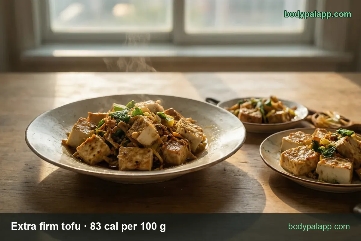 Bowl of about 12 fried tofu cubes with green onion and sauce, two small plates beside it; 3 oz (85 g) 71 cal, 1/5 block (91 g) 76 cal.