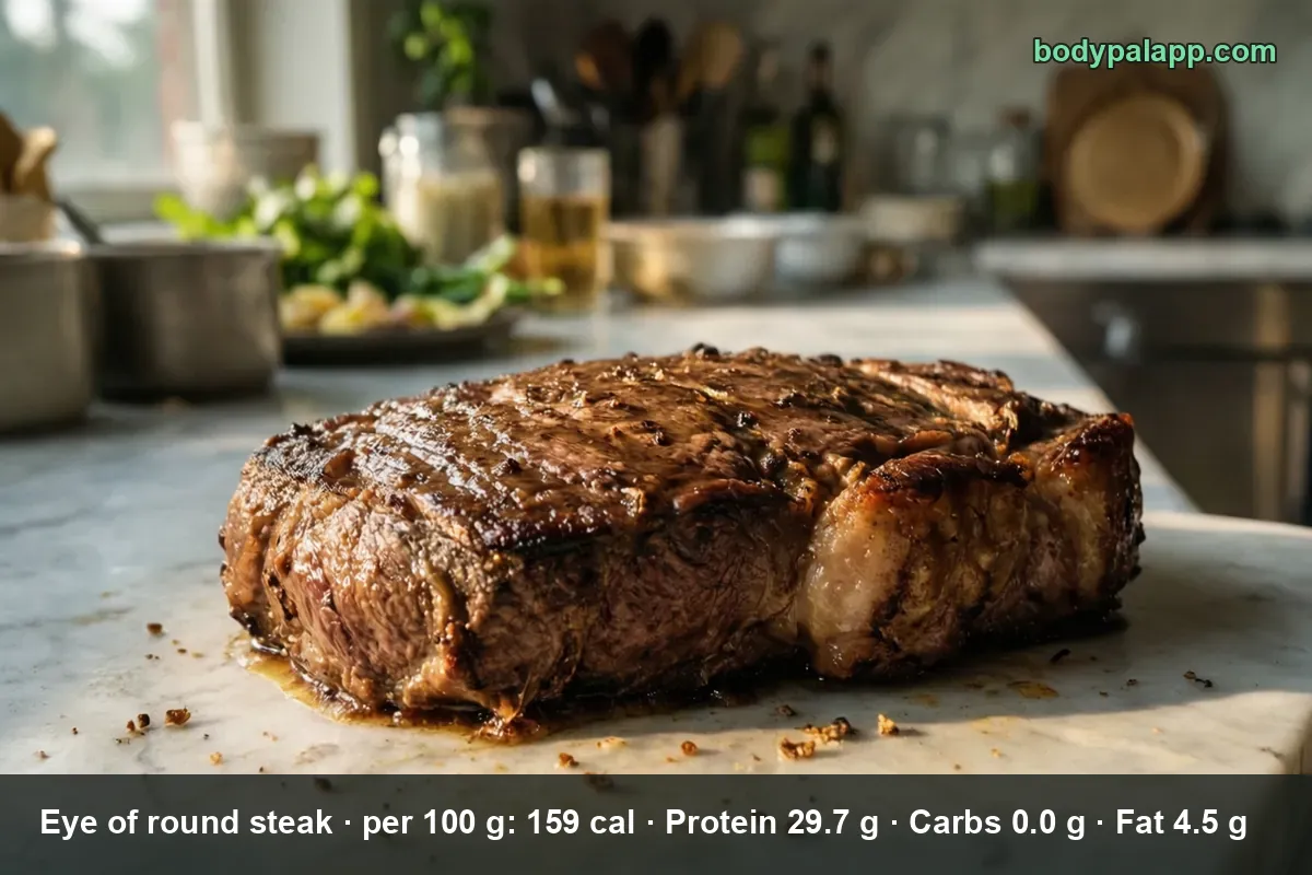 Thick seared eye of round beef steak resting on a marble surface
