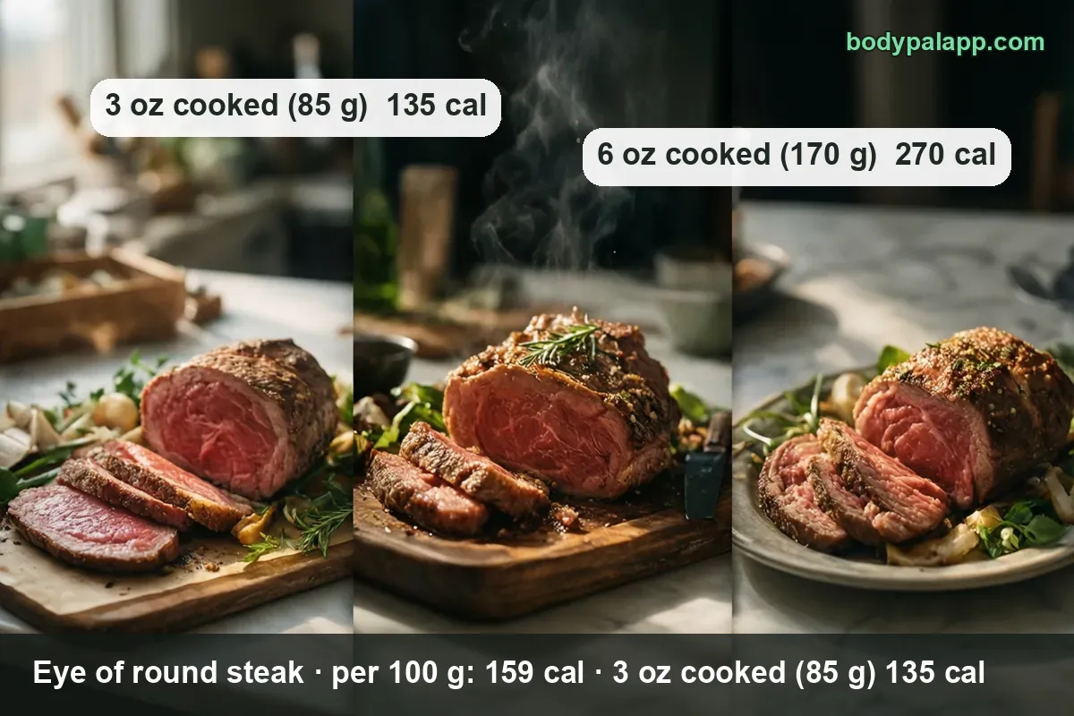 Roasted eye of round beef sliced into pink-centered slices, shown with 3 oz cooked (85 g) 135 cal and 6 oz cooked (170 g) 270 cal