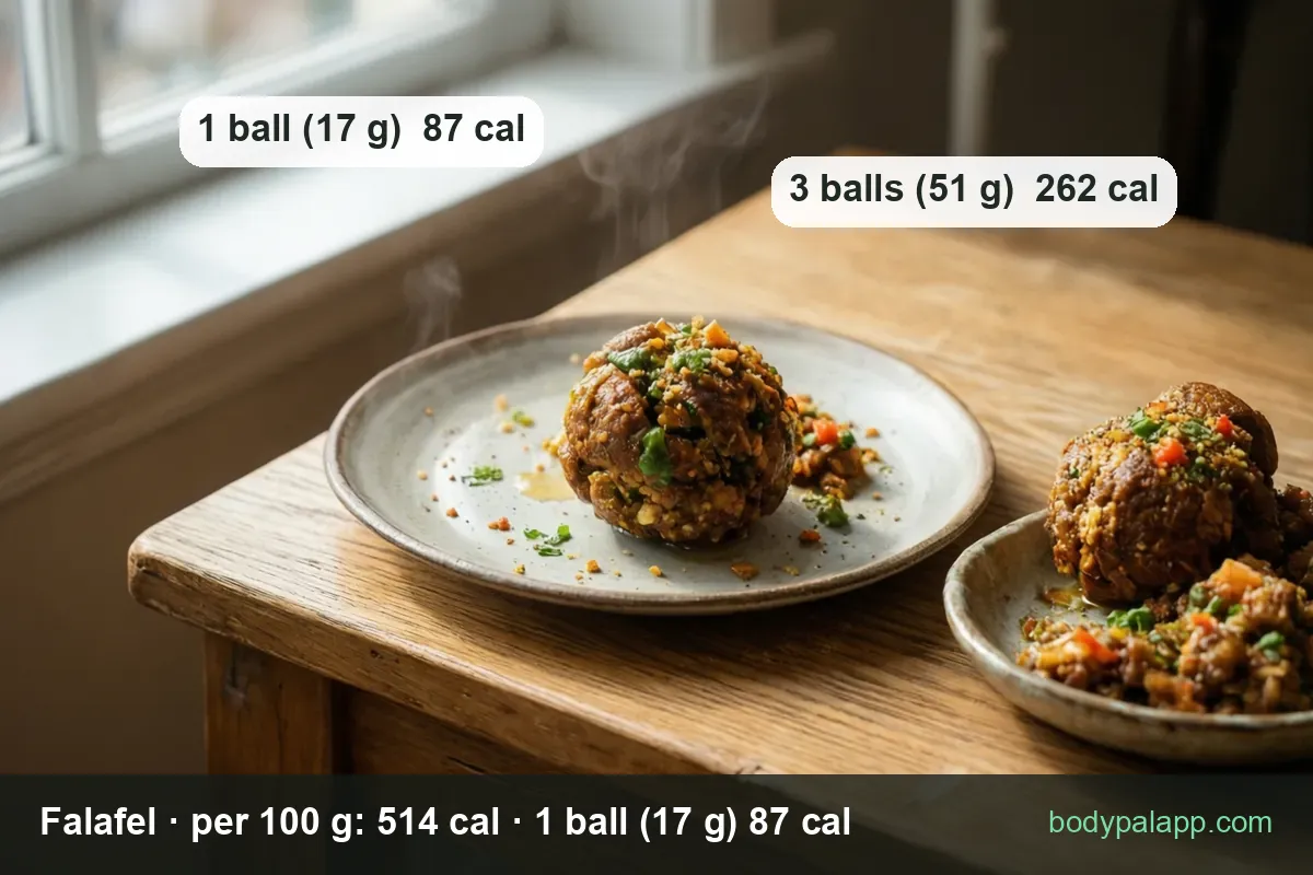 One large falafel ball on a plate with scattered crumbs and herbs, a second plate with two more balls; 1 ball 87 cal, 3 balls 262 cal.