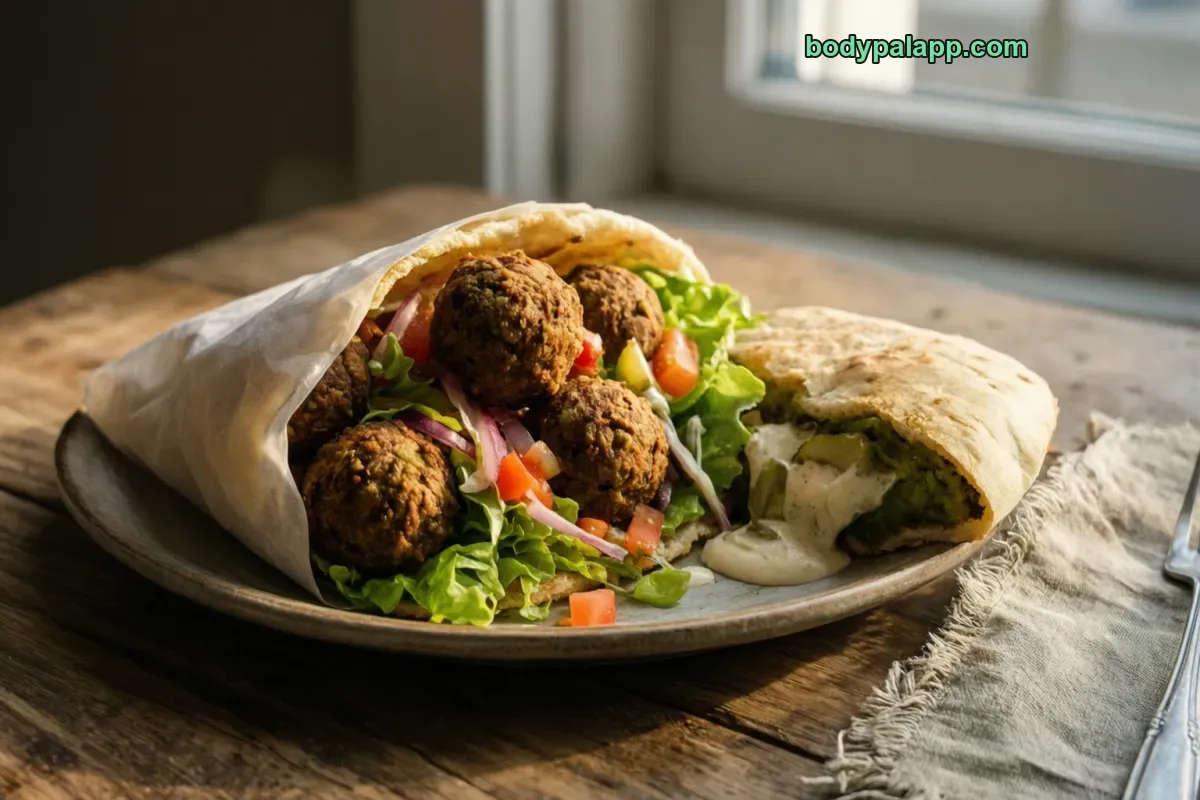Falafel gyro, falafel and vegetables in pita