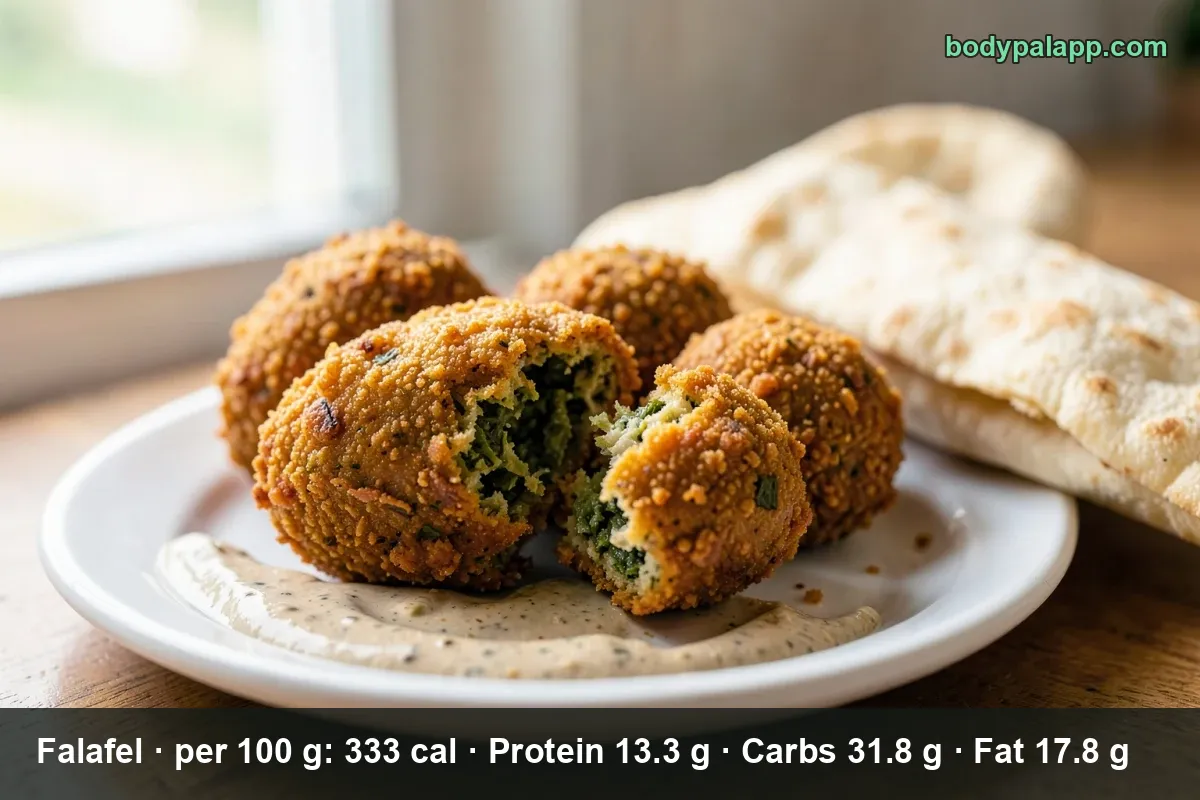 Falafel patties, USDA calories per 100 g and per 3-patty serving