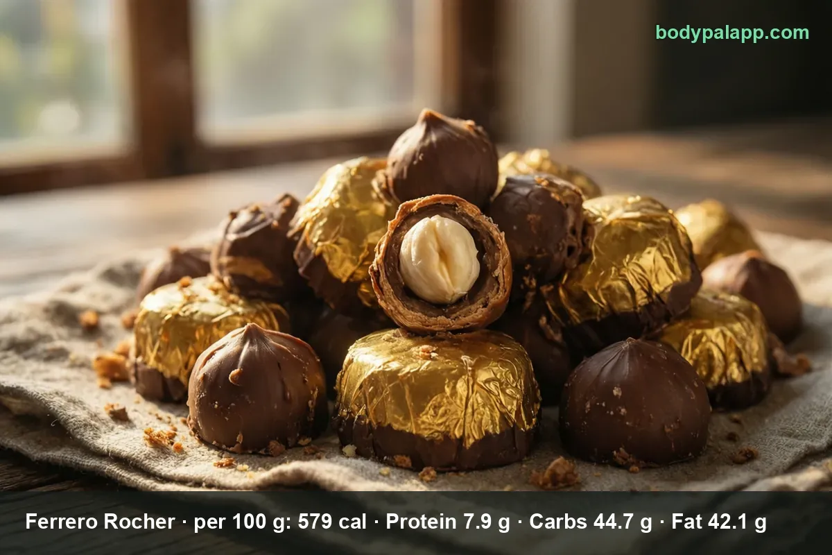 Pile of Ferrero Rocher chocolates in gold foil, one cut open showing a whole hazelnut, beside bare chocolate balls with a peak