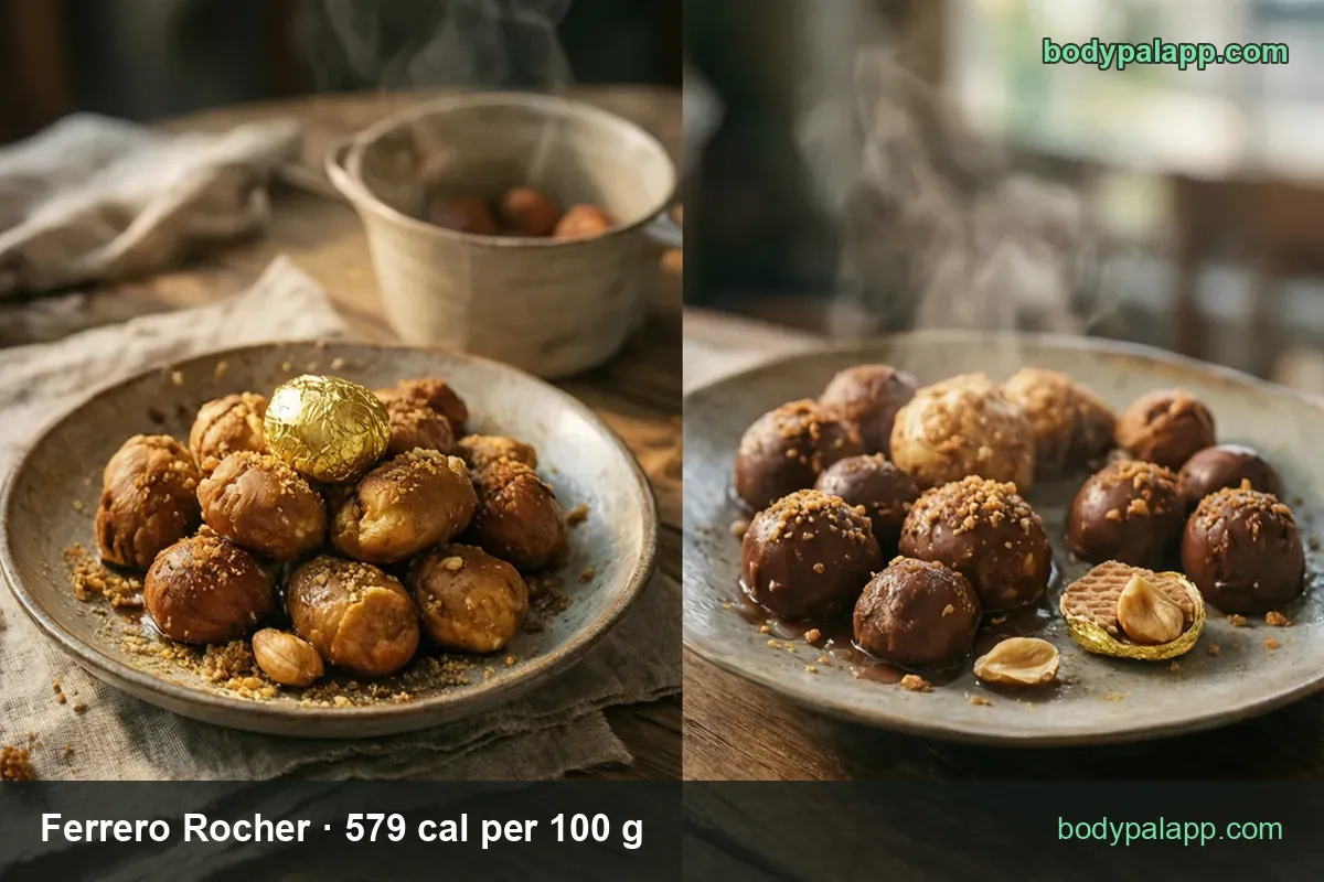 Two plates of Ferrero Rocher balls with hazelnut crumbs, a wafer piece and gold foil, labeled 3 pieces (38 g) 220 cal and 1 piece 74 cal