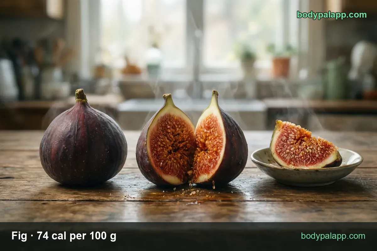Whole fig, a fig halved to show its red centre and a quarter in a small dish on wood; 1 large fig 64 g 47 cal, 1 medium 50 g 37 cal.