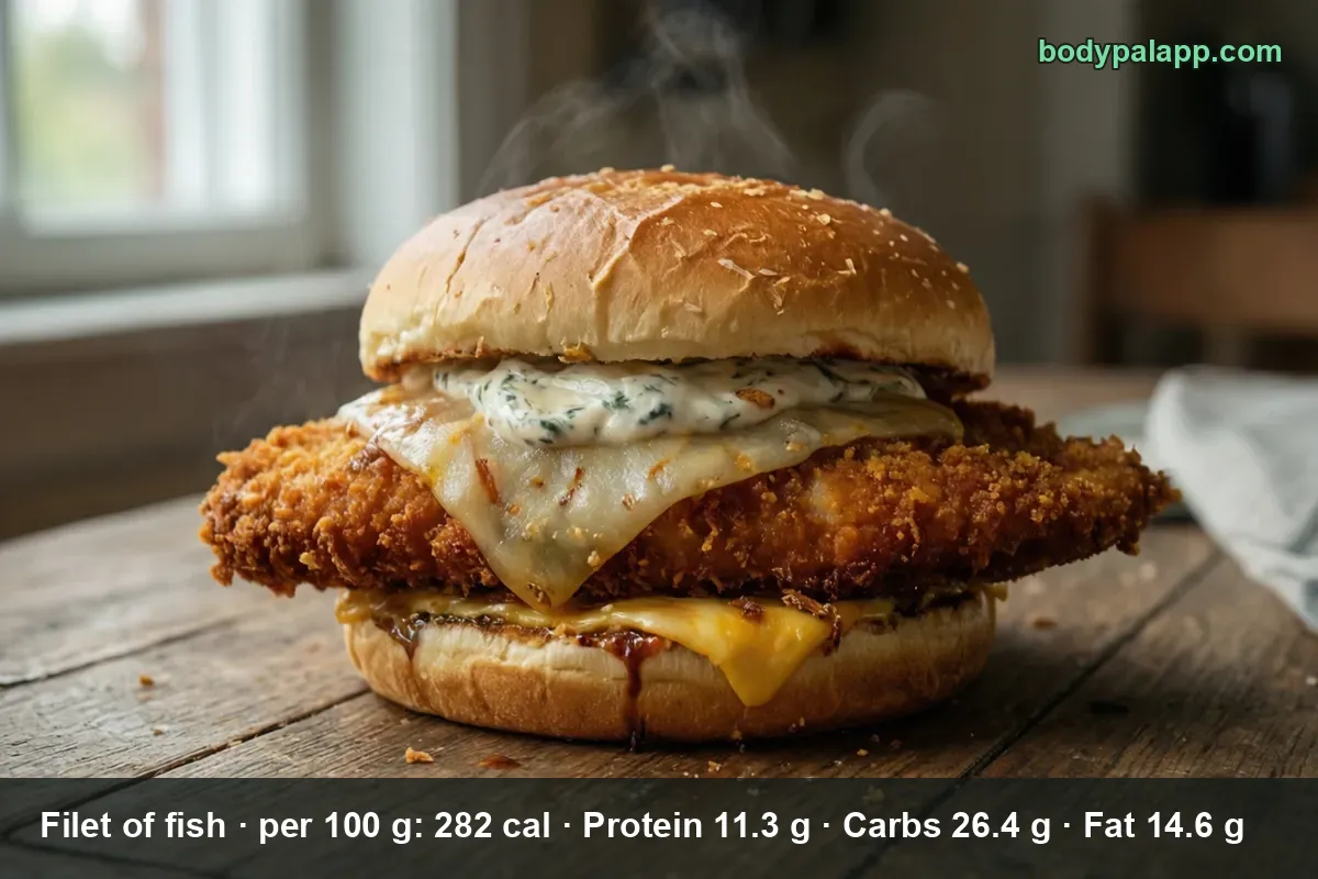 Close-up of a breaded fish fillet sandwich with tartar sauce and cheese in a round bun on a white plate.
