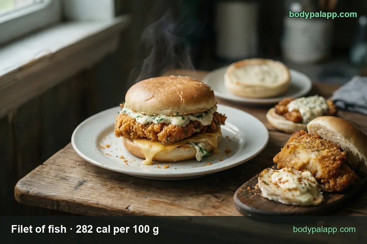 Fish sandwich on a plate, an open second sandwich and an empty bun behind it, with 1 sandwich 378 cal and 2 sandwiches 756 cal.