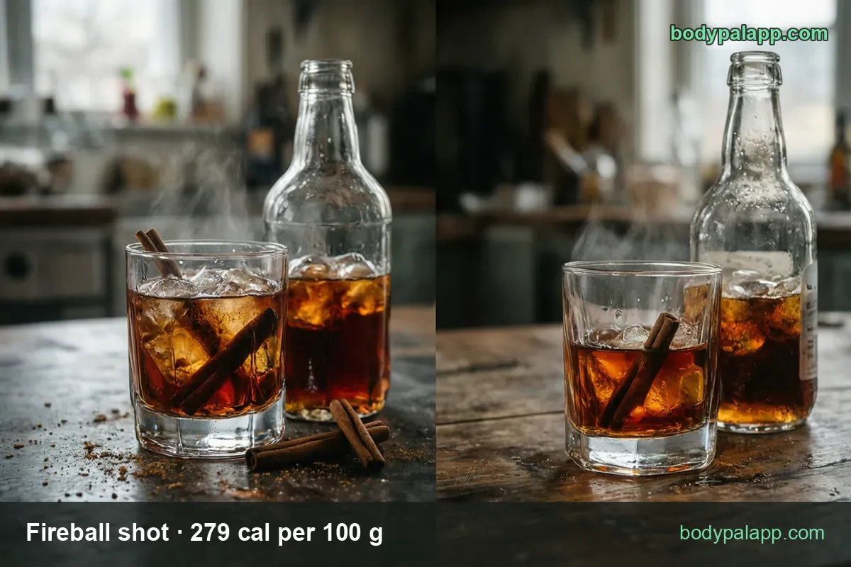 Two rocks glasses of cinnamon whisky over ice with cinnamon beside bottles, labeled 1 shot (45 g) 126 cal and 1 drink (68 g) 190 cal