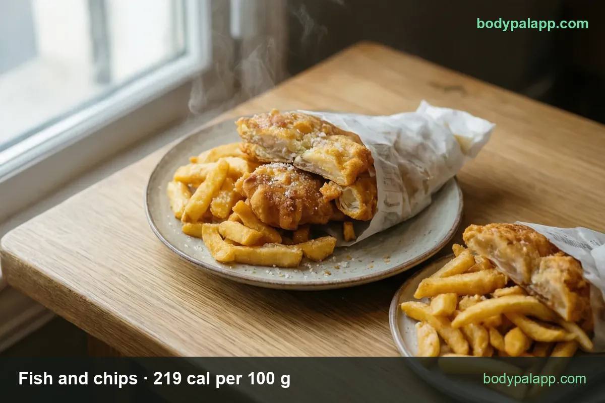 Plate of thick-cut chips with two pieces of battered fish in paper, labeled 2 fried fish pieces (170 g) 372 cal and 1 serving (226 g) 495 cal