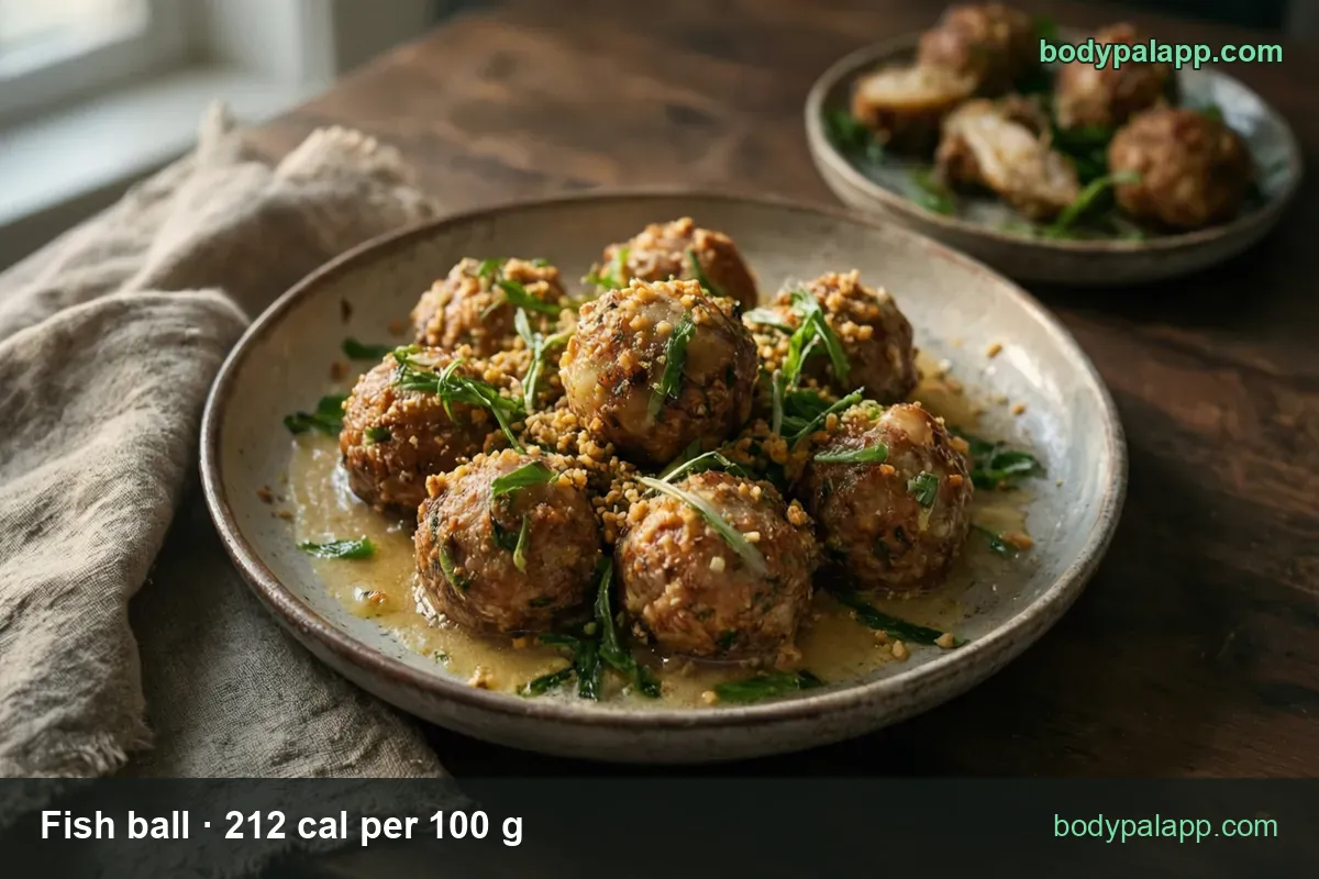 Fried fish balls with crumbs and parsley in pale sauce, second plate behind; chips 7 fish balls 98 g 208 cal and 1 fish ball 14 g 30 cal