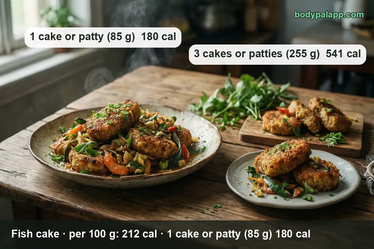 Three fish cake servings with 1 cake or patty (85 g) 180 cal and 3 cakes or patties (255 g) 541 cal