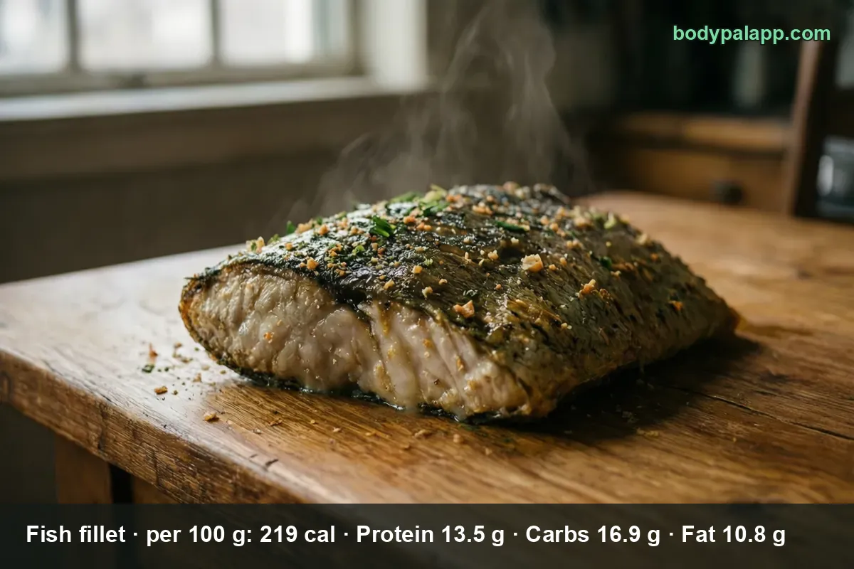 Large baked fish fillet with skin and herbs on a wooden table, pale flaky flesh showing at the cut, steam rising