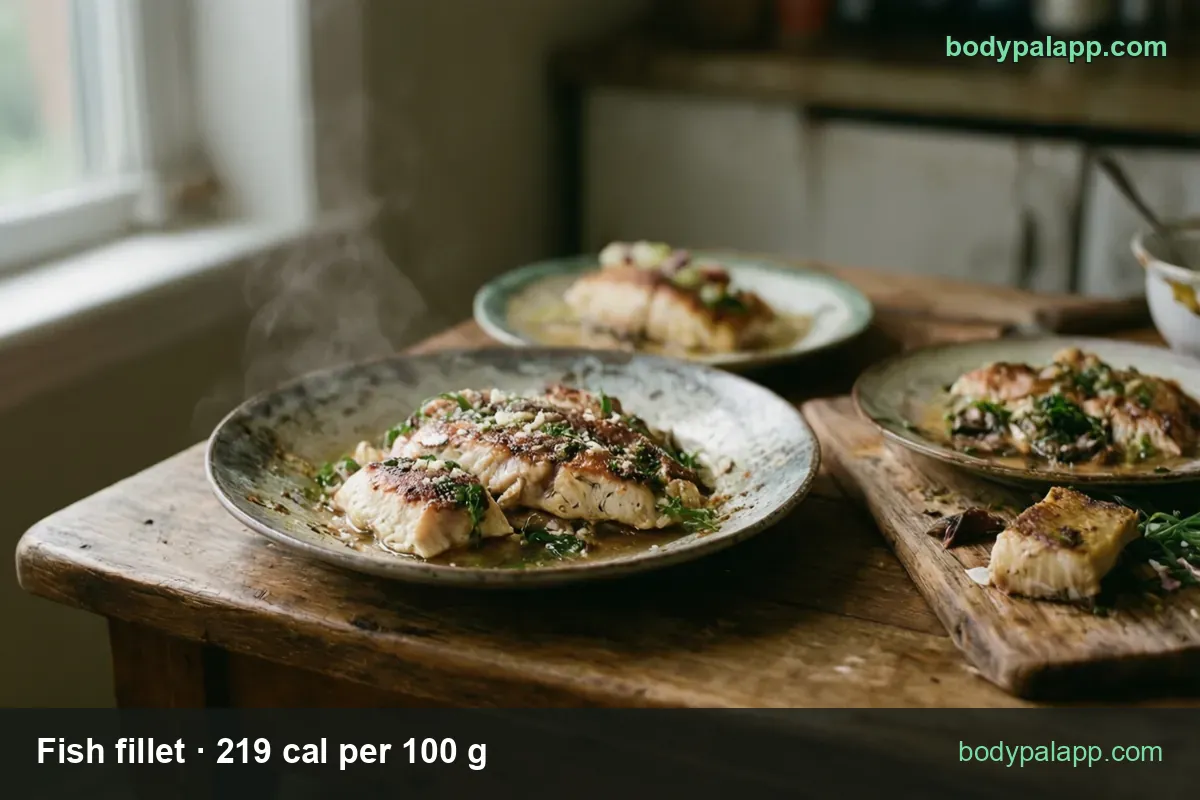 Three plates of cooked fish fillets in herb sauce with crumbs and a fillet on a board, chips 1 fillet 108 g 237 cal and 226 g 495 cal