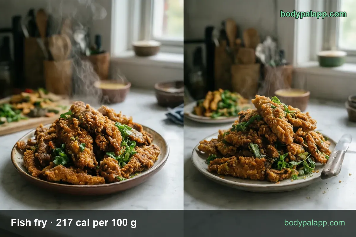 Small breaded fried fish pieces with herbs on a plate and a bowl of sauce; 140 g fillet 304 cal, 210 g fillet 456 cal