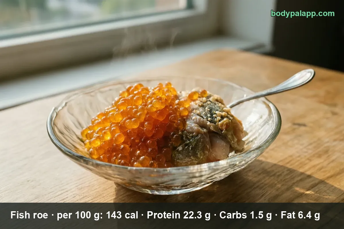 Glass bowl of orange salmon roe with a piece of cooked fish beside it and a spoon, steam rising