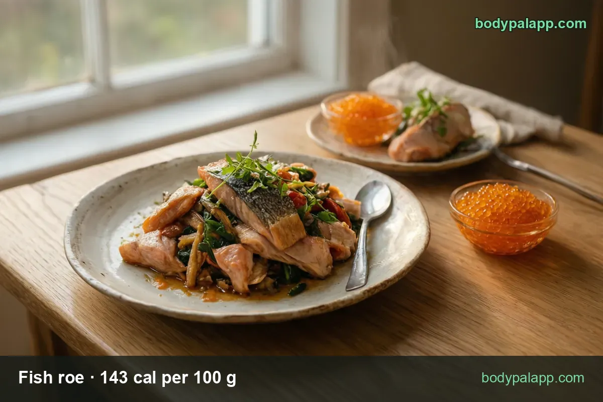 Two small bowls of orange salmon roe by a plate of cooked salmon with vegetables, labeled 1 tbsp 20 cal and 3 oz 122 cal