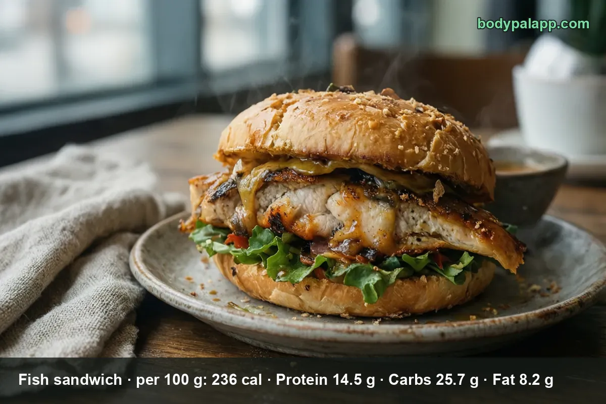 Fish sandwich on a round bun with lettuce, a grilled fish fillet and melted cheese