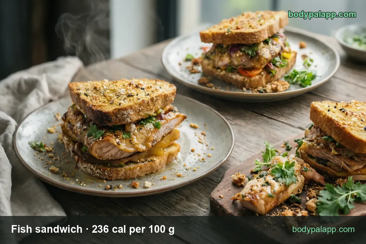 Two toasted fish sandwiches with grilled fillet, herbs and sauce on plates, plus a fillet on a board; 130 g and 260 g servings