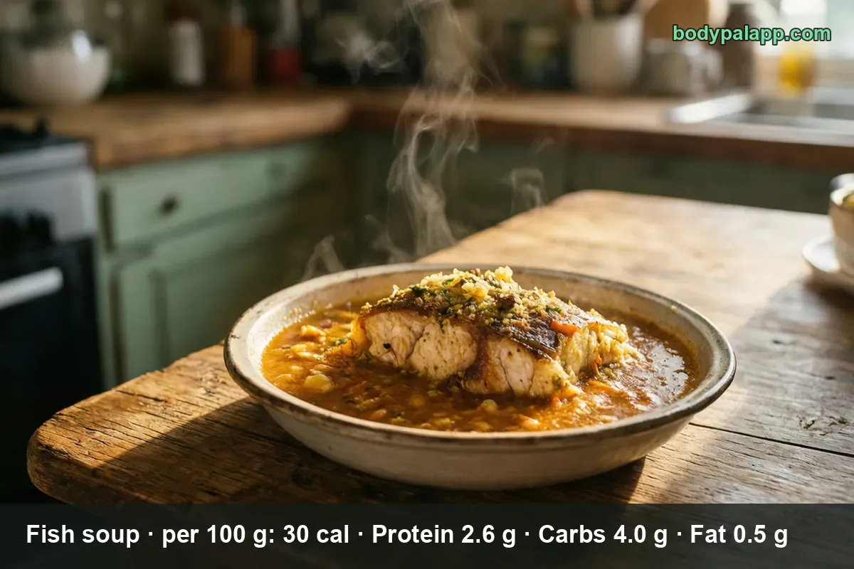Bowl of thick orange tomato fish soup with a large piece of fish, rice, vegetables and herbs on top, steam rising.
