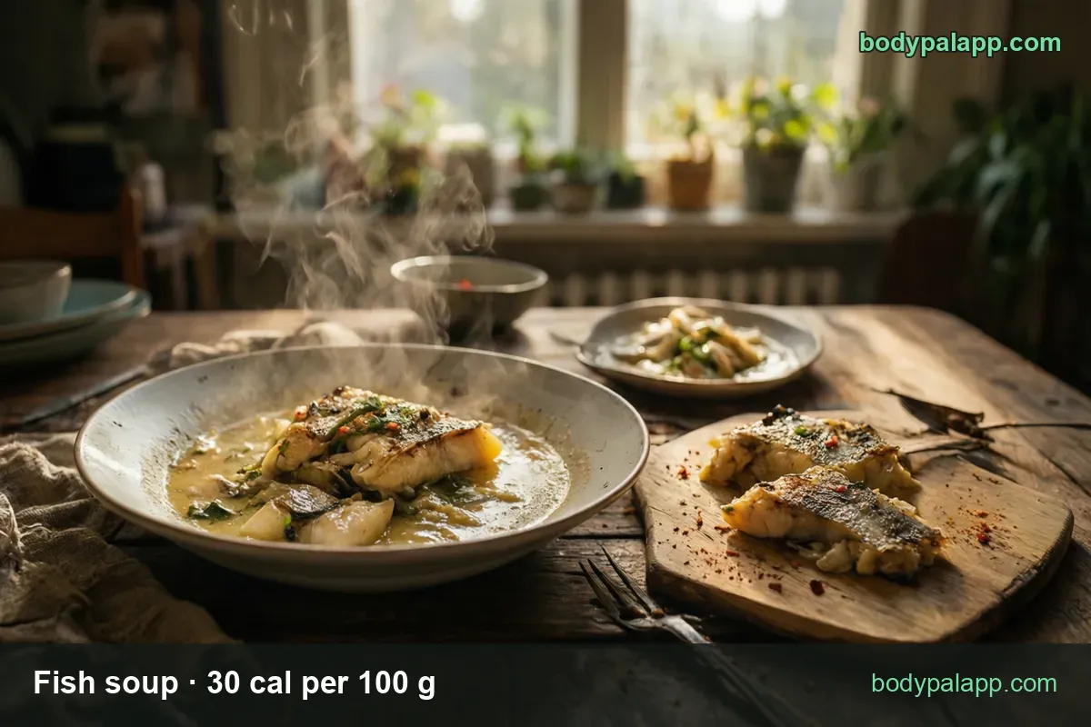 Deep plate of pale fish soup with white fish and greens, two fish pieces on a board; 1 cup 74 cal and 1 bowl 147 cal.