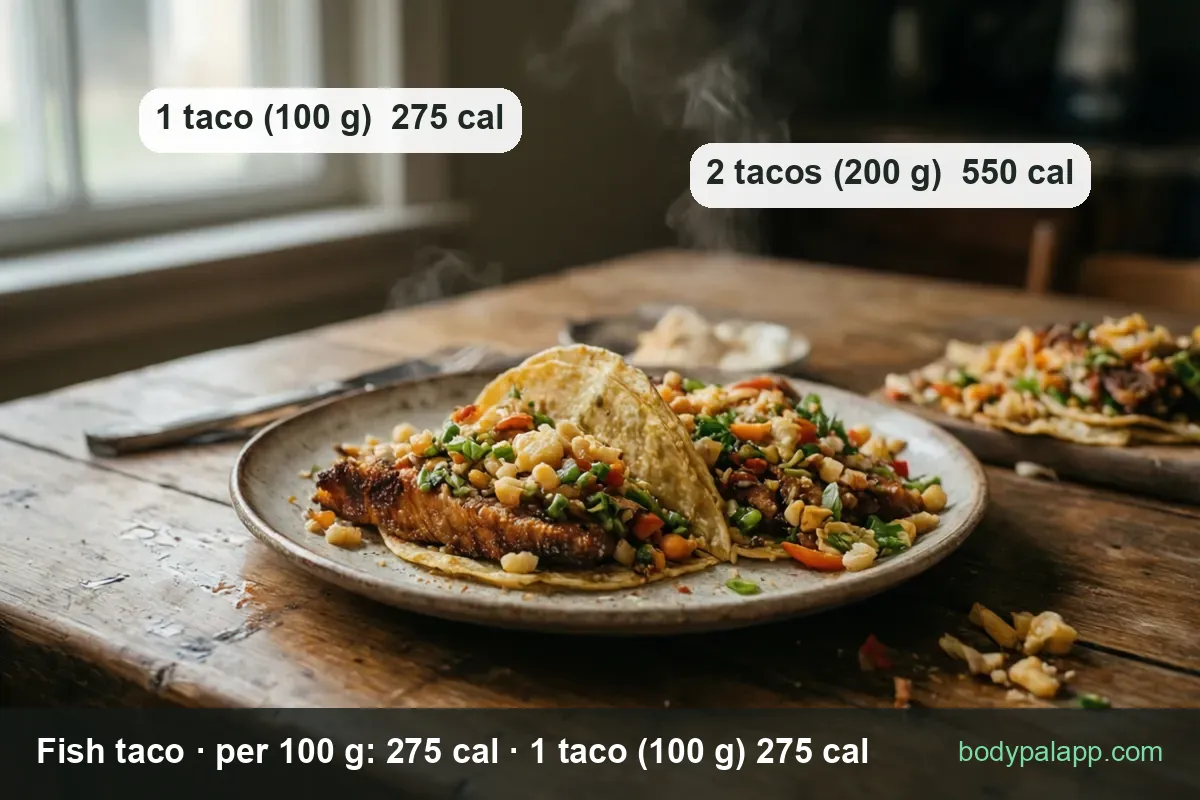 Plate with two fish tacos topped with corn salsa: 1 taco (100 g) 275 cal, 2 tacos (200 g) 550 cal
