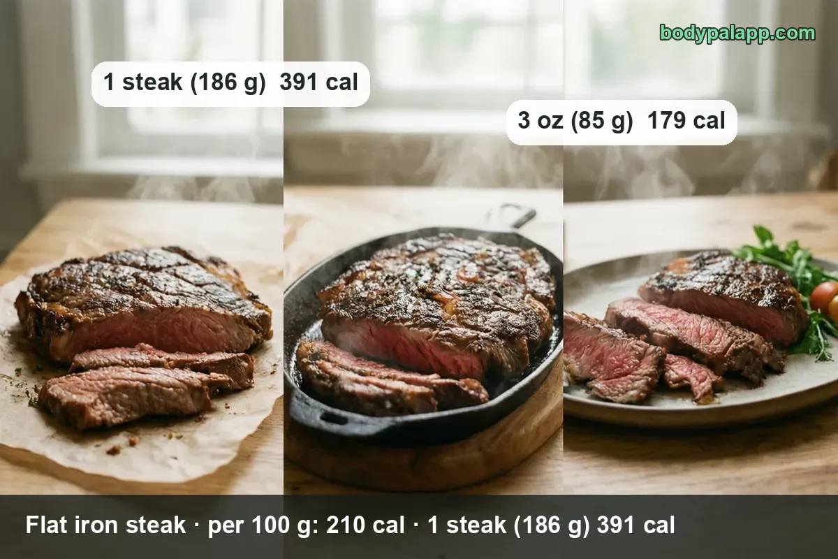 Sliced medium flat iron steak on parchment, in a cast iron pan, and plated with arugula: 1 steak 186 g 391 cal, 3 oz 85 g 179 cal.