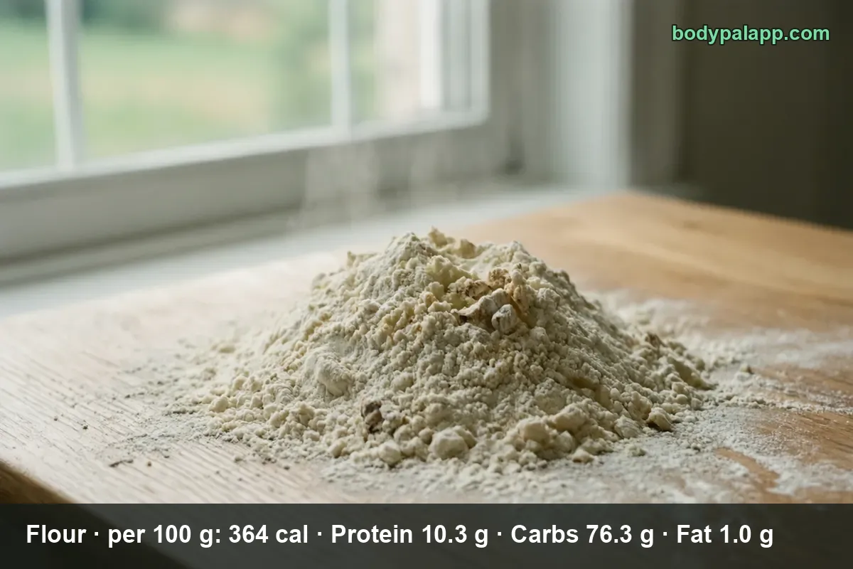 Mound of white all-purpose flour on a wooden table with a light scattering around it.