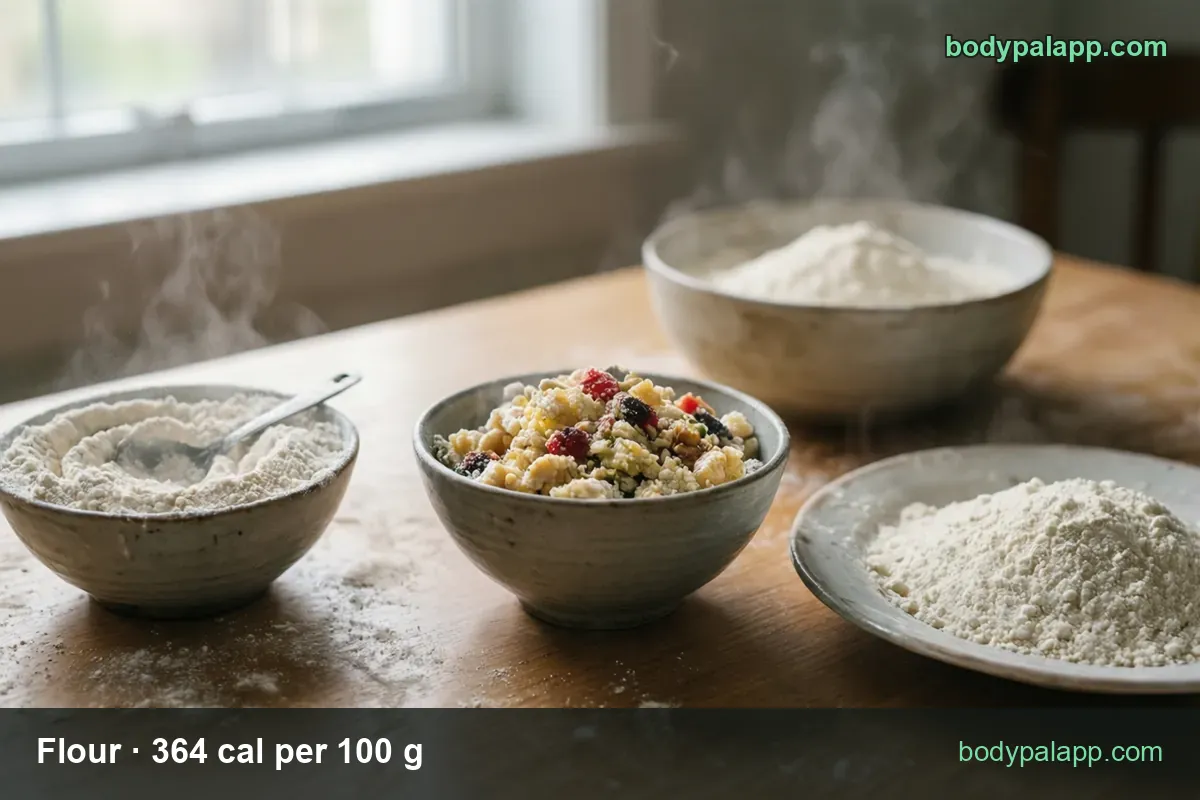 Bowls and a plate of white flour, one with a spoon, labeled 1 cup (125 g) 455 cal and 1/4 cup (31.3 g) 114 cal.