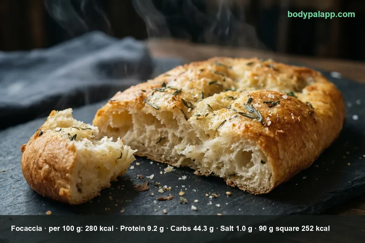 Focaccia square on a board - 252 calories per portion
