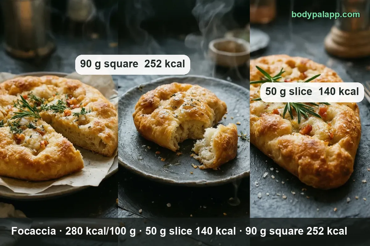 Focaccia variants calories comparison - plain, olive, tomato and cheese