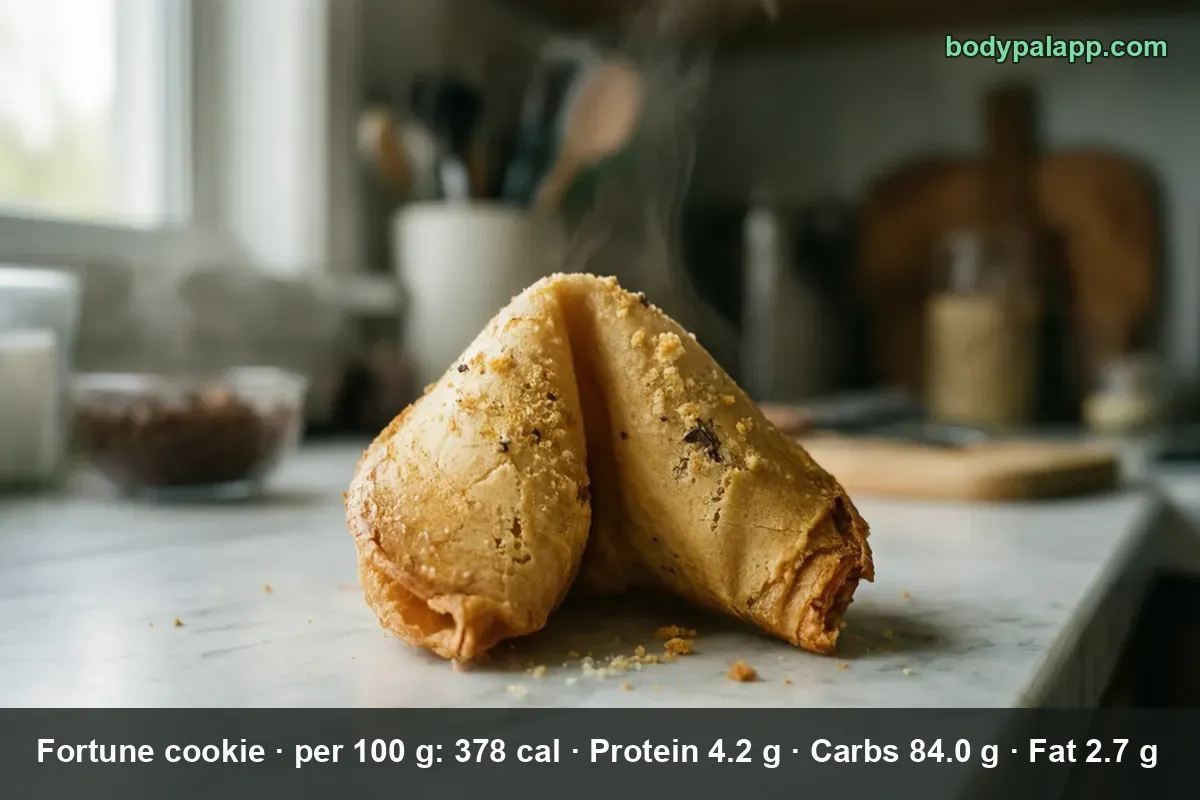 One fortune cookie on a countertop with steam rising, thick flaky folded shell, no fortune slip visible